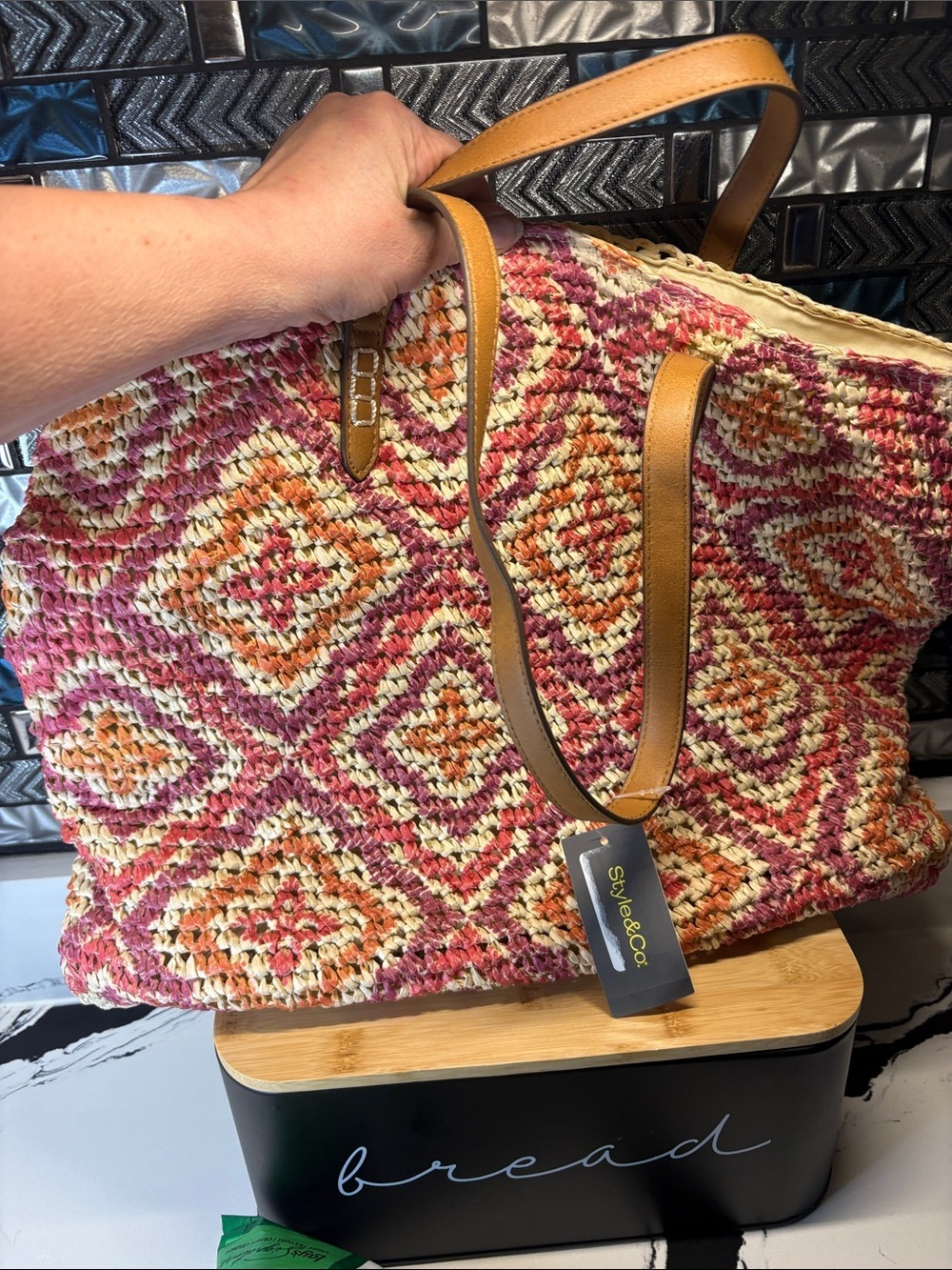 Style & Co. Pink Orange Cream Woven Tote with Tan Handles